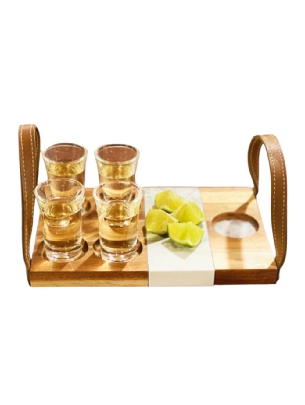 Gezellig Tequila Tasting Set (No alcohol) Wood Tray Shot glasses Handles